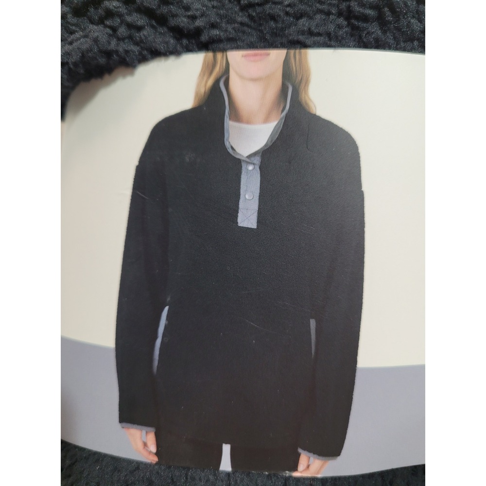 Como Vintage Sherpa Pullover Women L/XL Black New Mock Neck Plush Fleece Snap